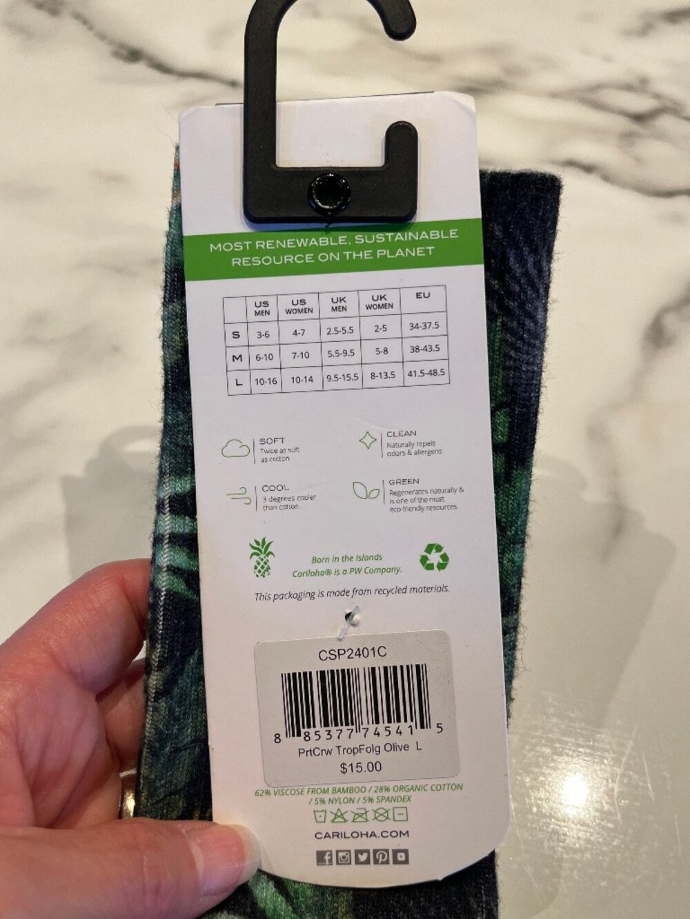 NWT Cariloha Bamboo Printed Crew Socks Tropical Foliage - Size L - Picture 2 of 6